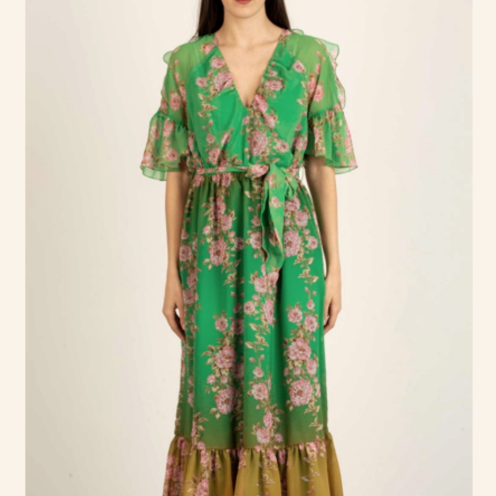 Pinko Albanella Abito Green Floral Chiffon Maxi Dress